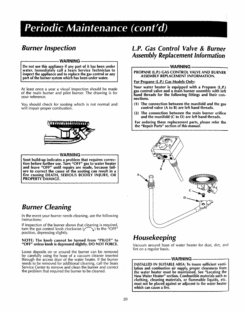 Periodic maintenance (cont'd), Burner inspection, Warning | Burner cleaning, Housekeeping | Sears 153.33535 User Manual | Page 20 / 32