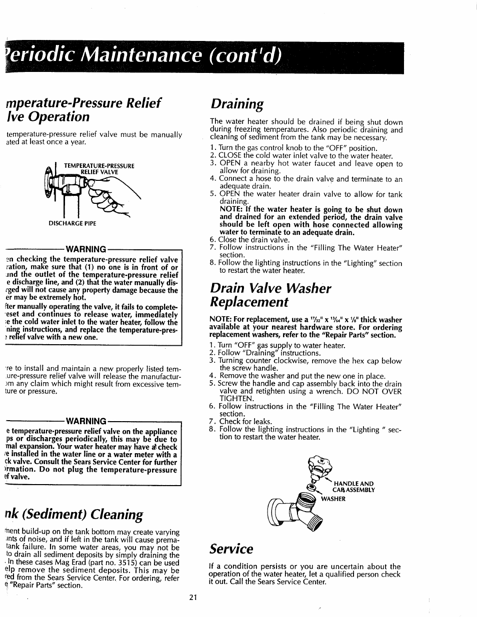 Eriodic maintenance (coni'd), Mperature-pressure relief i ve operation, Warning | Nk (sediment) cleaning, Draining, Drain valve washer replacement, Service, Draining drain valve washer replacement service | Sears 153.33535 User Manual | Page 21 / 32