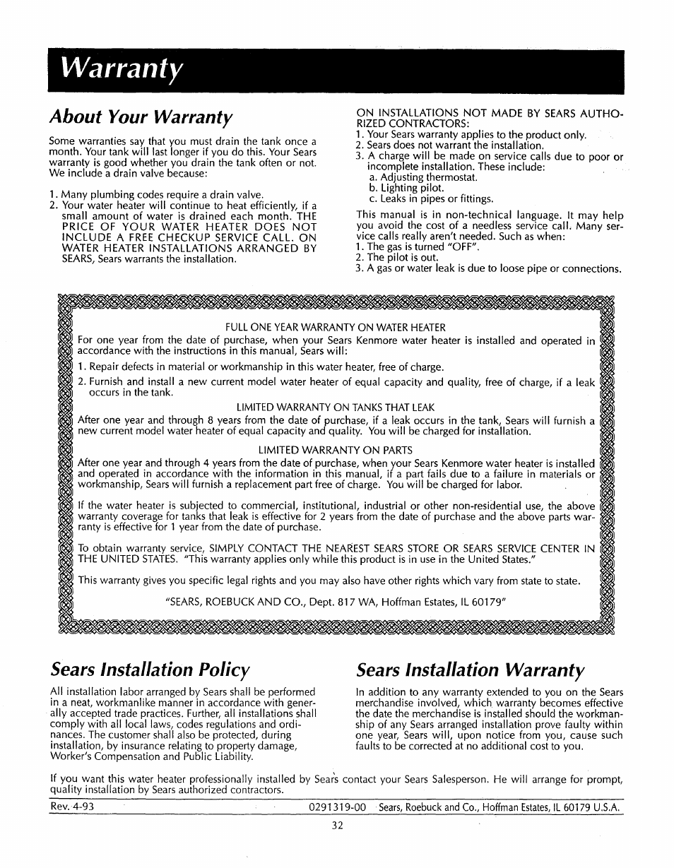 Warranty, About your warranty, Sears installation policy | Sears installation warranty | Sears 153.33535 User Manual | Page 32 / 32