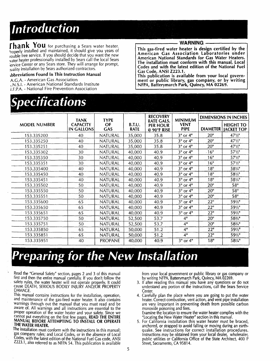 Introduction, Warning, Specifications | Preparing for the new installation, Rhank you | Sears 153.33535 User Manual | Page 5 / 32