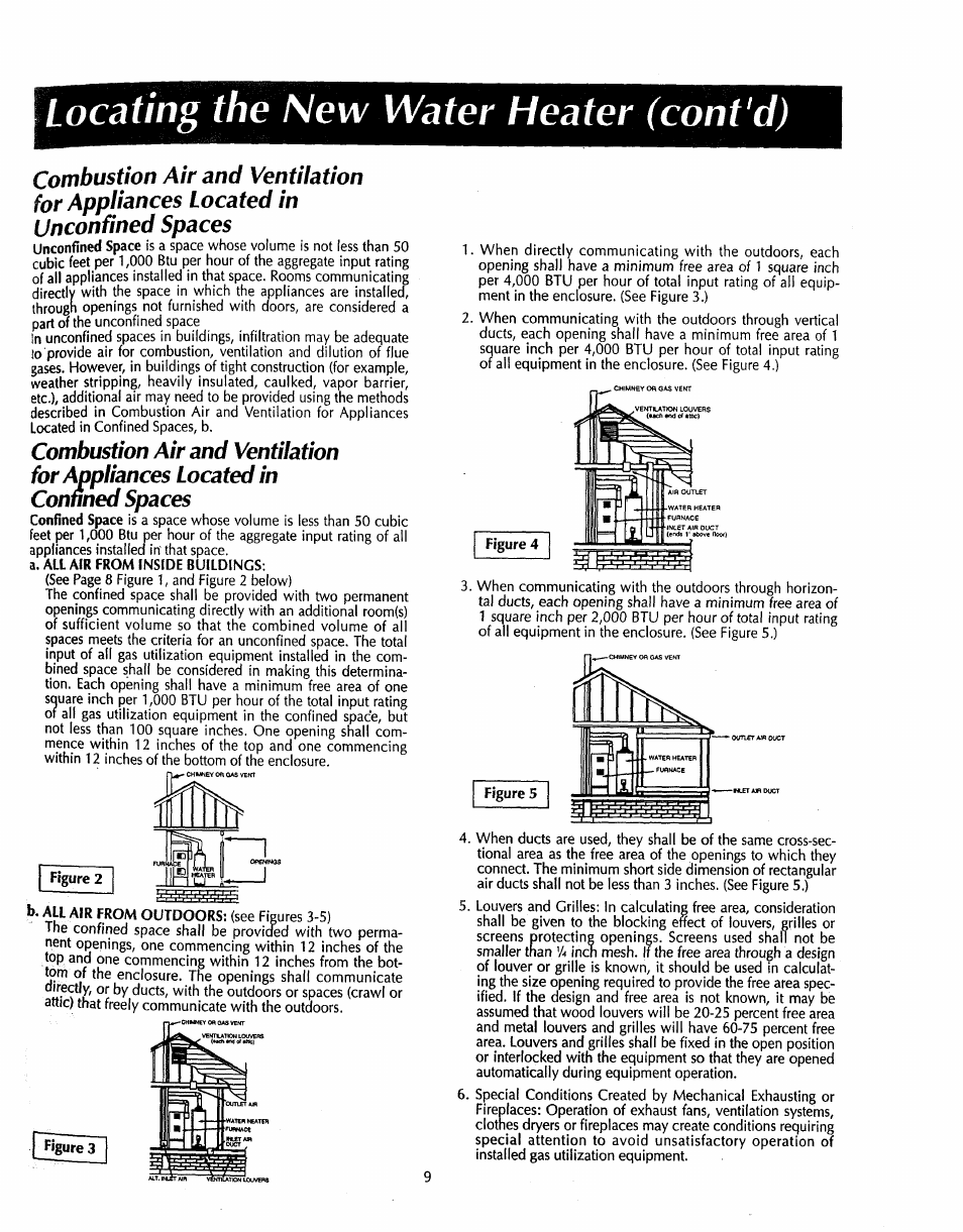 A. all air from inside buildings, Locating the new water heater (cont'd), Combustion air and ventilation | Appliances located in unconfined spaces | Sears 153.33535 User Manual | Page 9 / 32