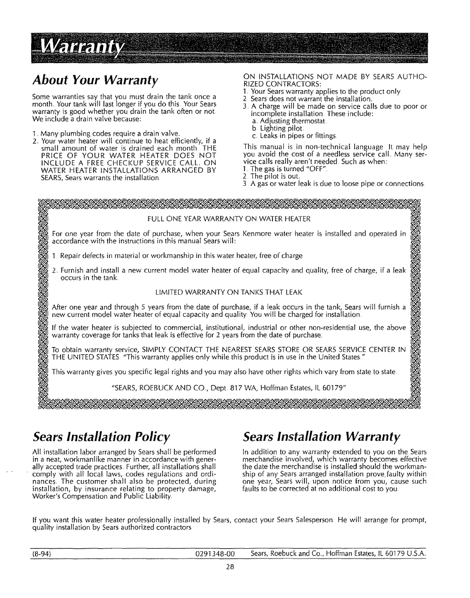About yout warranty, Sears installation policy, Sears installation warranty | About your vvarranty | Sears 153333531 User Manual | Page 28 / 28