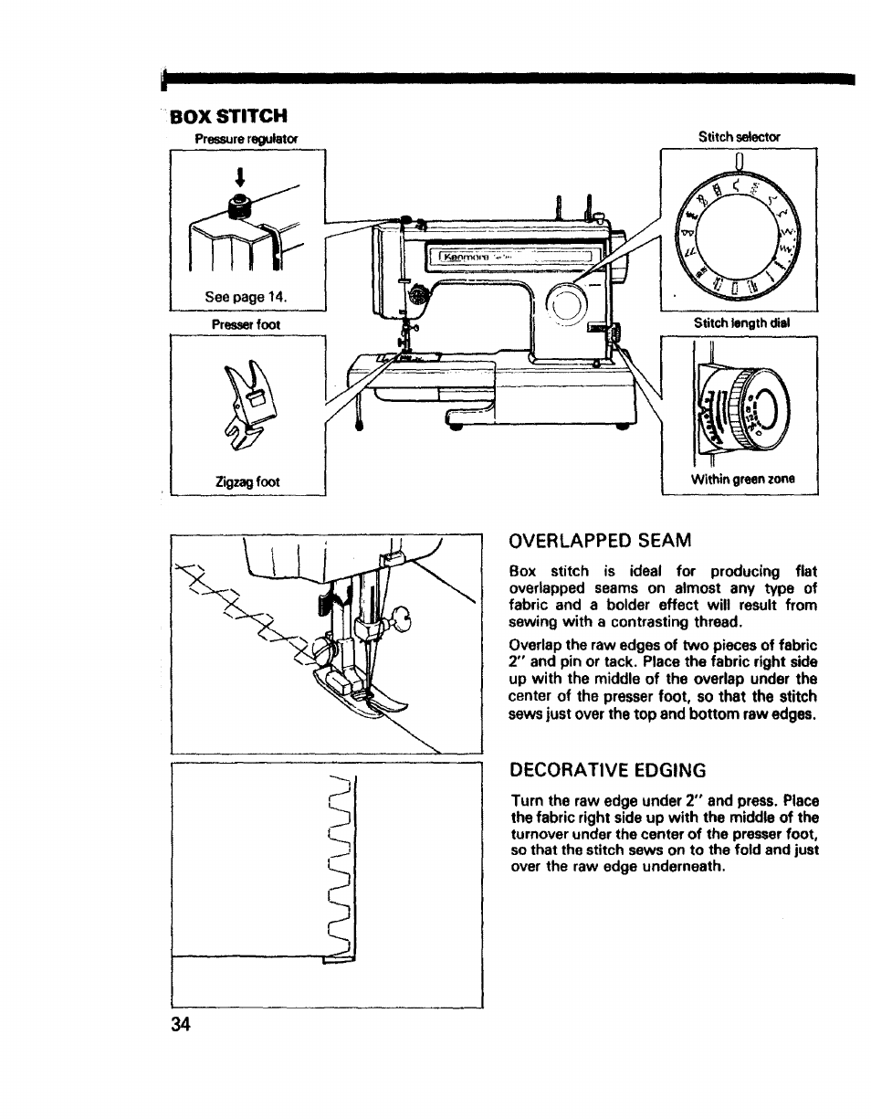 Box stitch, Overlapped seam, Decorative edging | Sears 1345 User Manual | Page 35 / 50