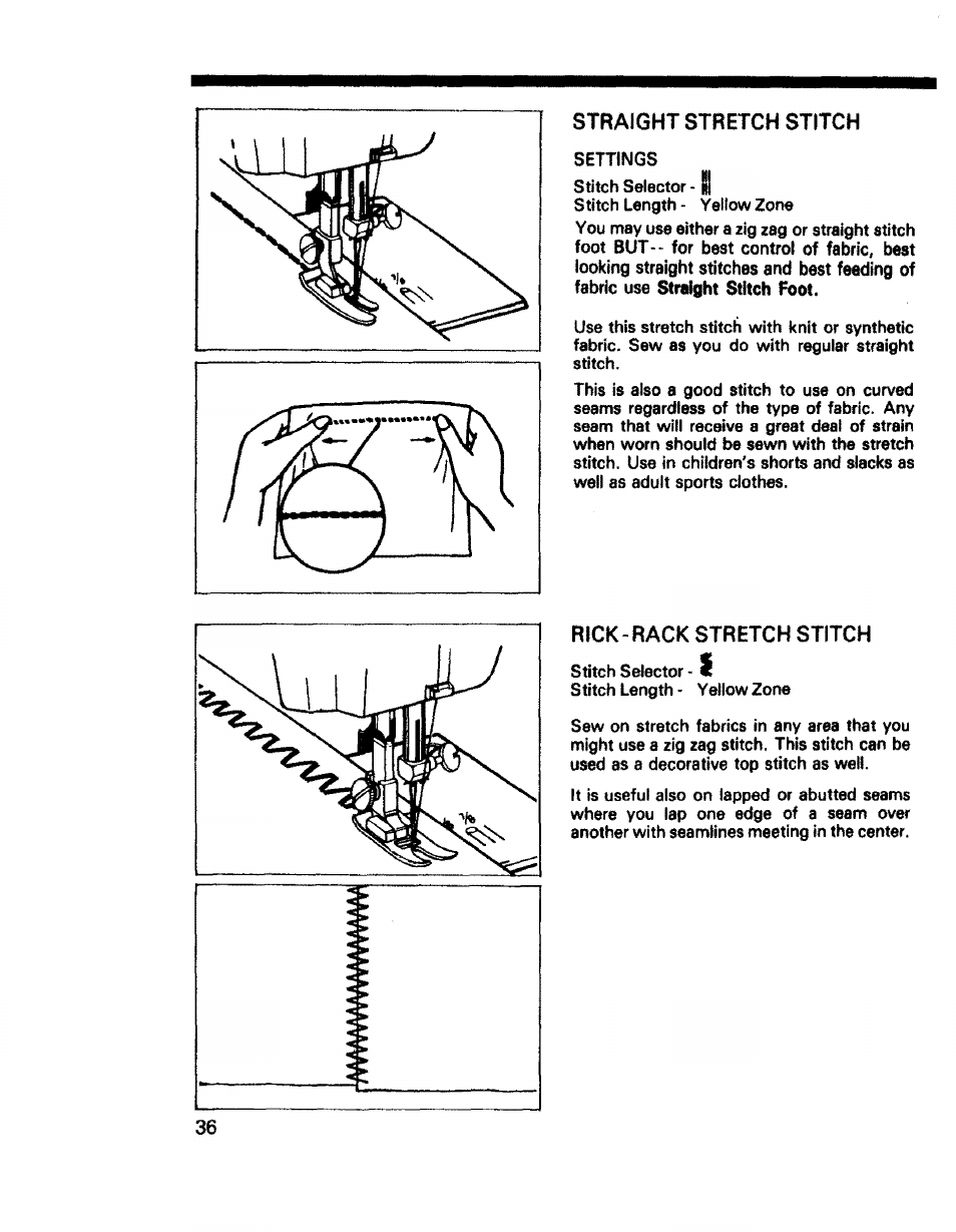 Straight stretch stitch, Rick-rack stretch stitch | Sears 1345 User Manual | Page 37 / 50