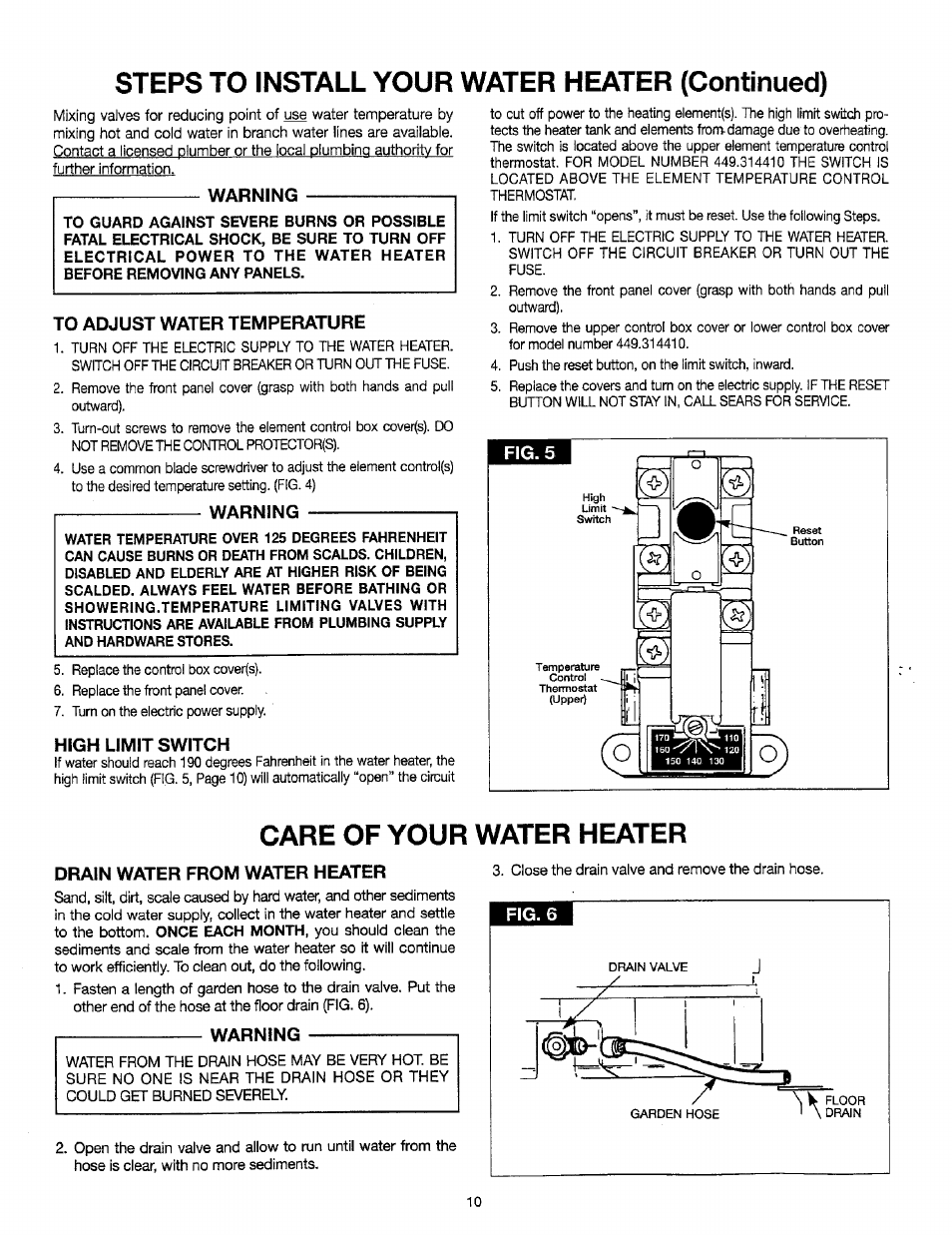 Warning, To adjust water temperature, High limit switch | Care of your water heater, Drain water from water heater, Care of your water heater -12, Steps to install your water heater (continued) | Sears 449.310411 User Manual | Page 10 / 16