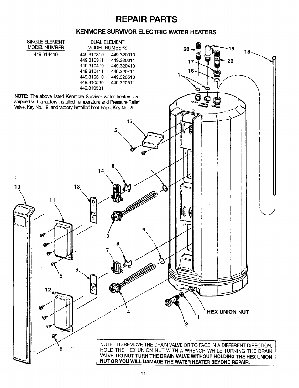 Repair parts, Kenmore survivor electric water heaters | Sears 449.310411 User Manual | Page 14 / 16