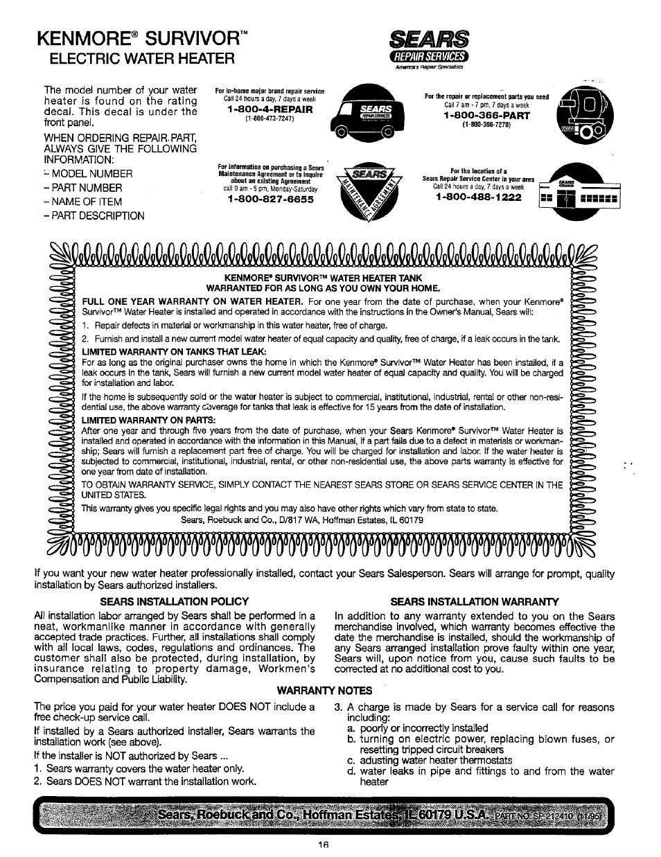 Kenmore® survivor, Sears installation policy, Sears installation warranty | Sears, roebuck and co., hoffman, Electric water heater | Sears 449.310411 User Manual | Page 16 / 16