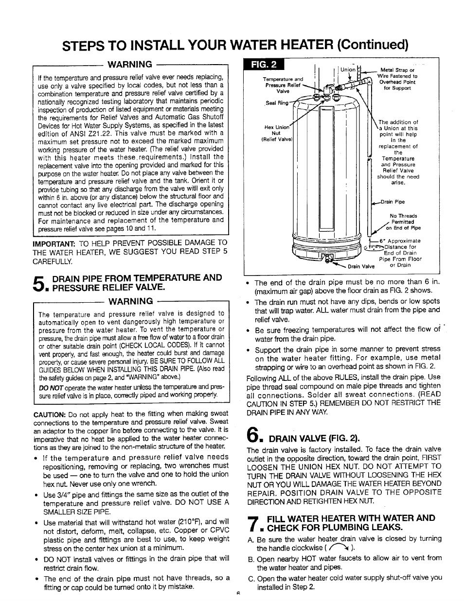 Warning, Fig. 2, O. drain valve (fig. 2) | Steps to install your water heater (continued) | Sears 449.310411 User Manual | Page 6 / 16