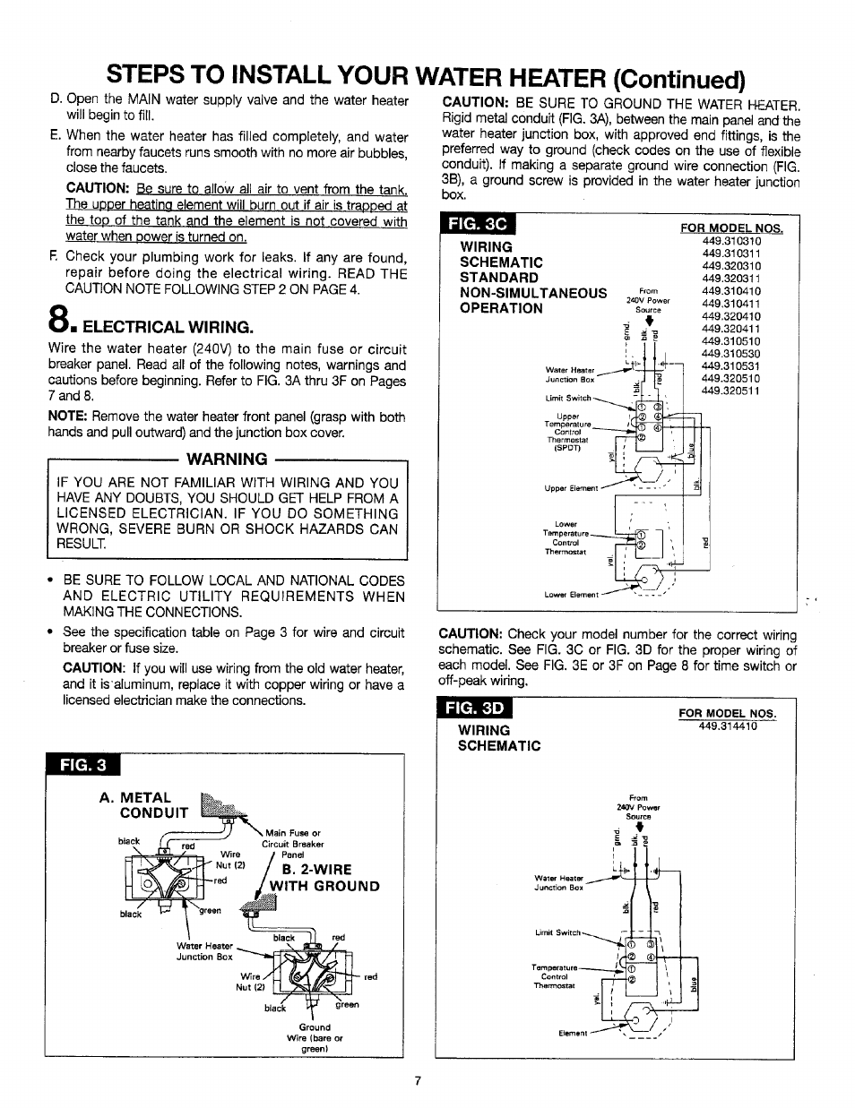 Electrical wiring, Warning, Fig.3 | Fig. 3c, Wiring, Schematic, Standard, Non-simultaneous, Operation, Fig. 3d | Sears 449.310411 User Manual | Page 7 / 16