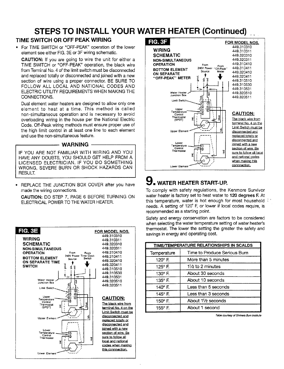 Steps to install your water heater (continued), Time switch or off peak wiring, Warning | Fig. 3e, Wiring, Schematic, Caution, Fig.3f, Water heater start-up | Sears 449.310411 User Manual | Page 8 / 16