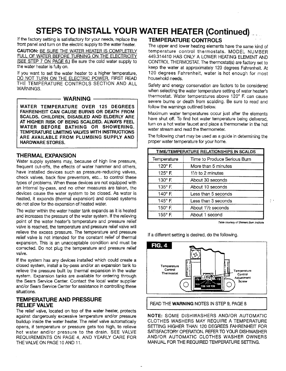 Warning, Temperature controls, Thermal expansion | Temperature and pressure relief valve, Steps to install your, Water heater (continued), Fig. 4 | Sears 449.310411 User Manual | Page 9 / 16