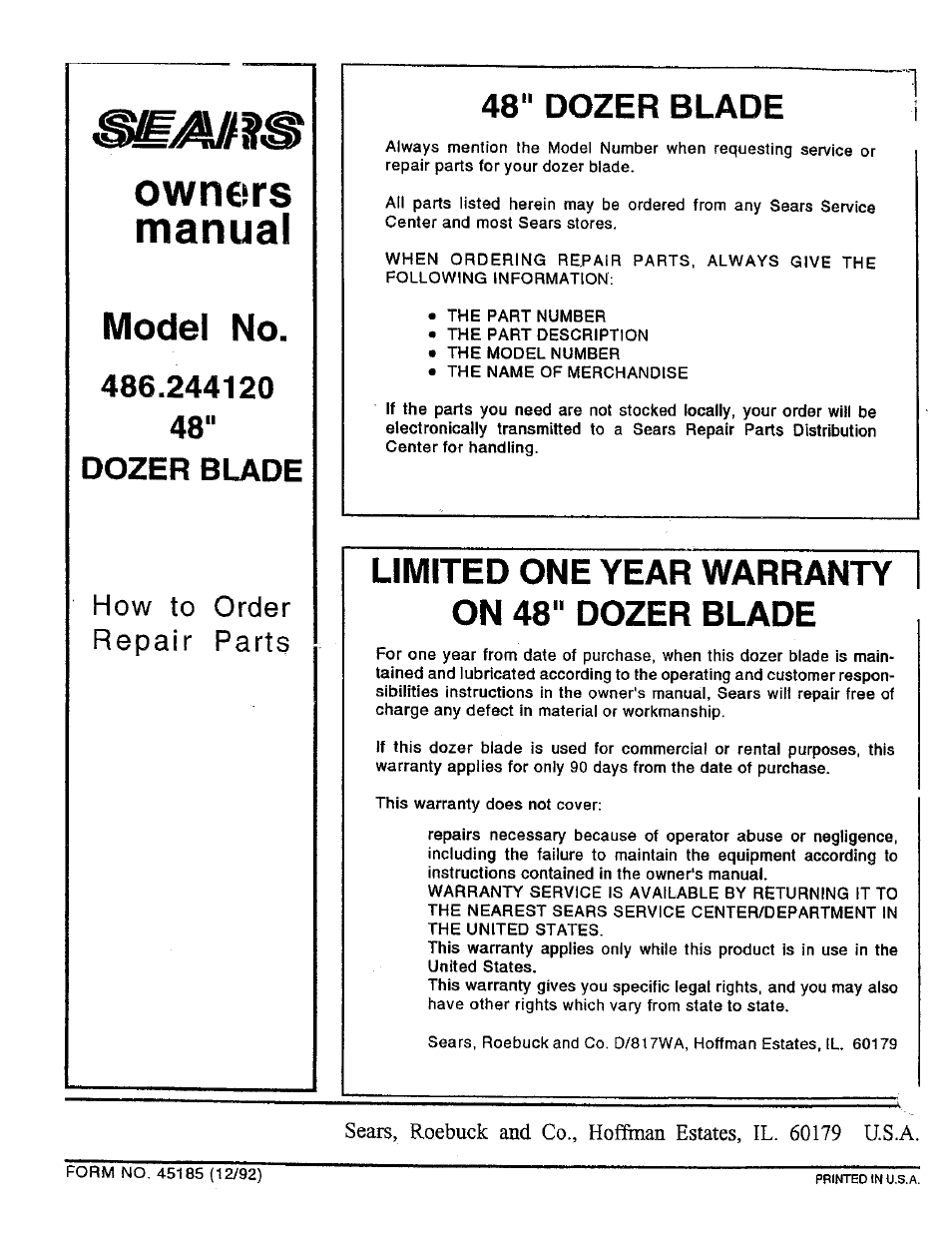 Owners manual, 48" dozer blade, Limited one year warranty on 48" dozer blade | Dozer blade, How to order repair parts | Sears 486.24412 User Manual | Page 16 / 16