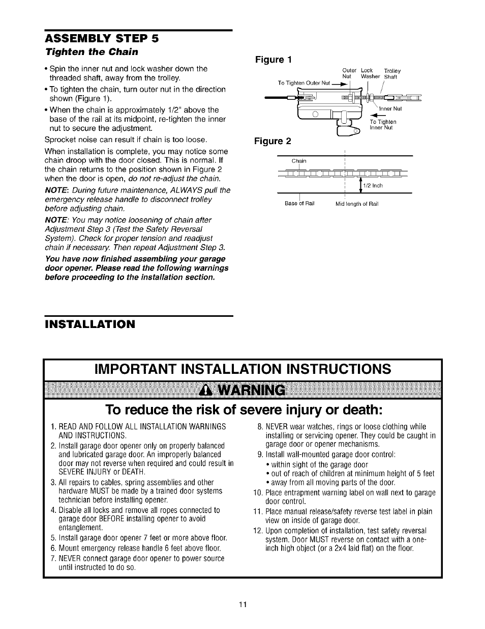 Tighten the chain, Installation, K warning | Figure 1 | Sears 139.53975SRT1 User Manual | Page 11 / 76