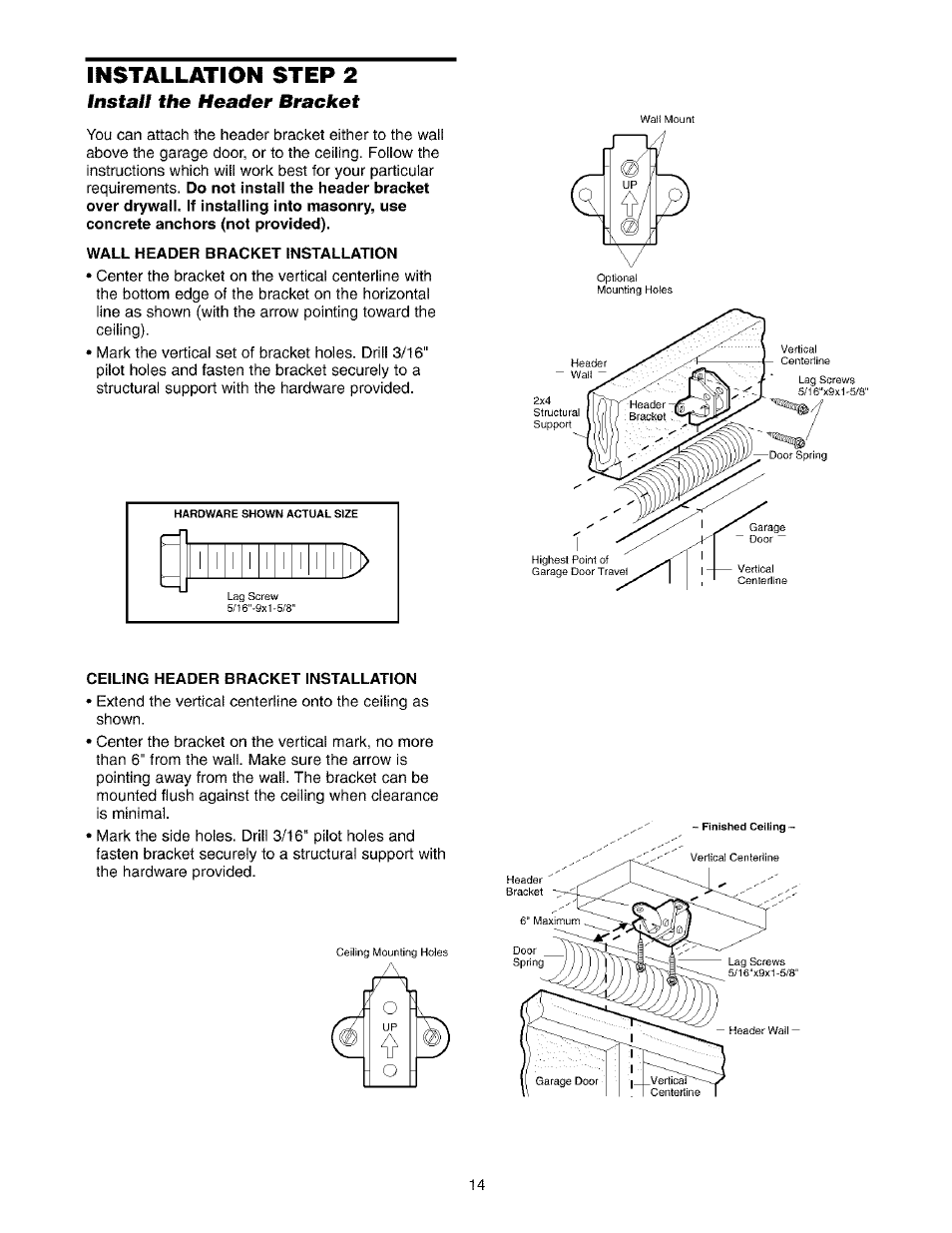 Installation step 2, Install the header bracket, Wall header bracket installation | Ceiling header bracket installation | Sears 139.53975SRT1 User Manual | Page 14 / 76