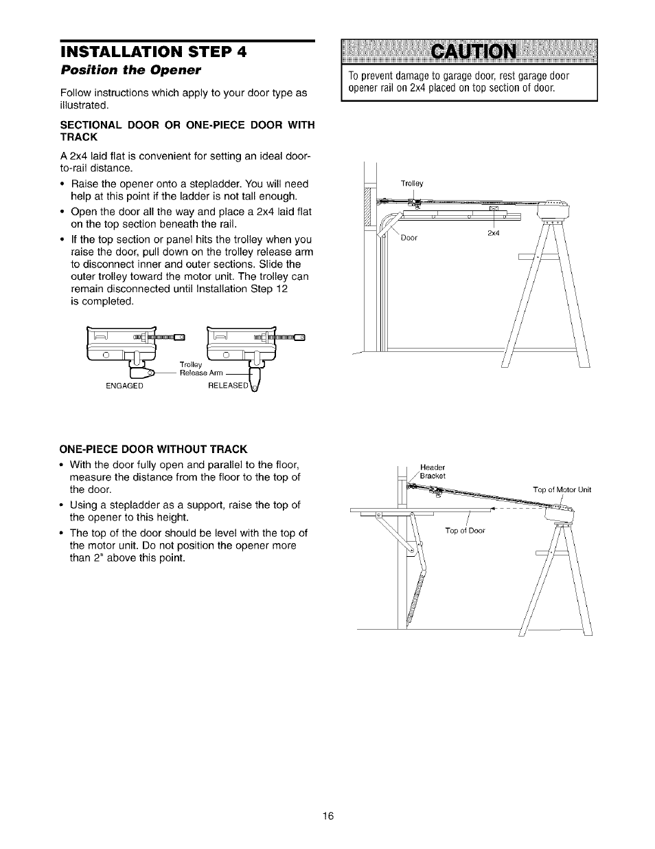 Sectional door or one-piece door with, Track, Caution | One-piece door without track, Installation step 4 | Sears 139.53975SRT1 User Manual | Page 16 / 76
