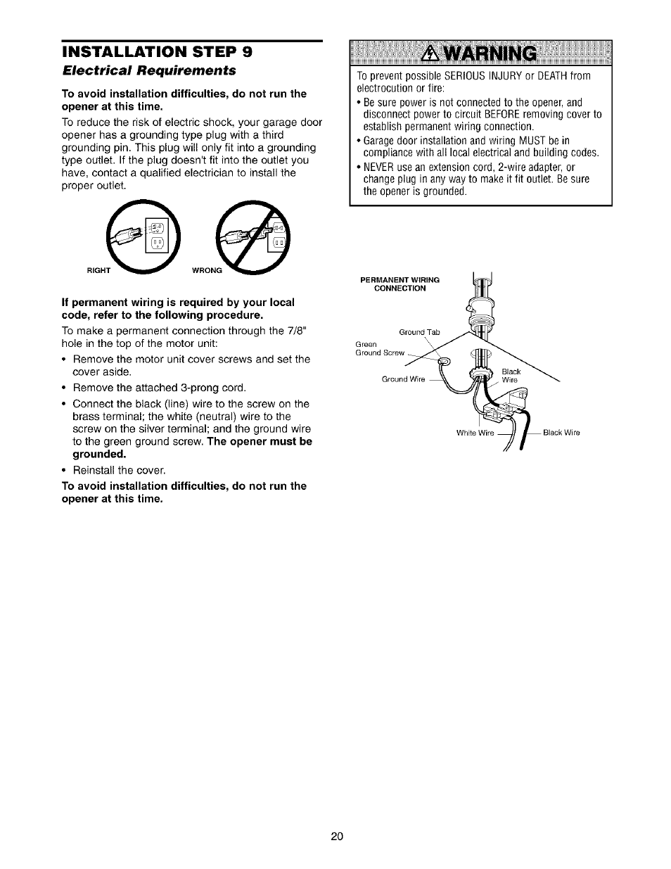 Electrical requirements, A warning, Installation step 9 | Sears 139.53975SRT1 User Manual | Page 20 / 76