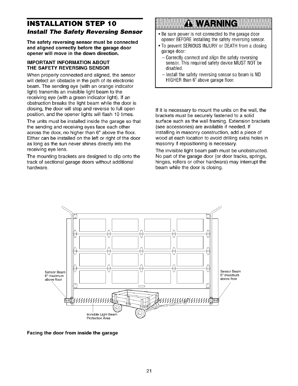 Install the safety reversing sensor, Facing the door from inside the garage, Install the safety reversing sensor -23 | A warning, Installation step 10 | Sears 139.53975SRT1 User Manual | Page 21 / 76