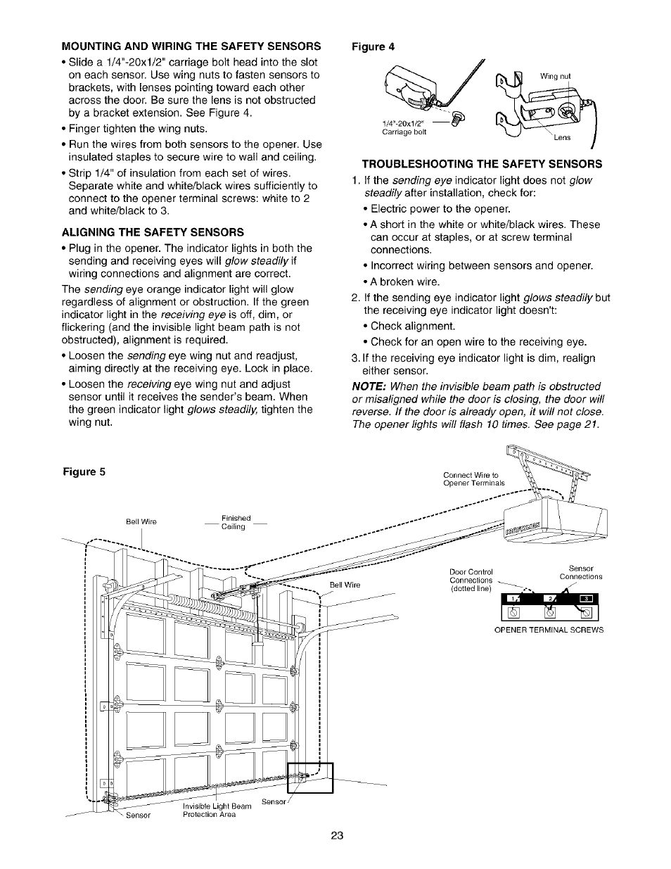 Mounting and wiring the safety sensors, Aligning the safety sensors, Figure 4 | Troubleshooting the safety sensors | Sears 139.53975SRT1 User Manual | Page 23 / 76