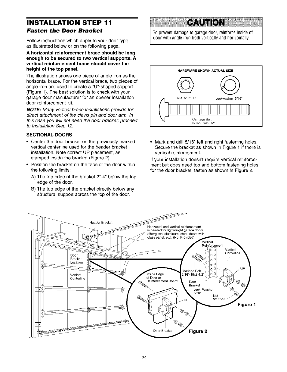 Fasten the door bracket, Sectional doors, Fasten the door bracket -25 | Caution, Installation step 11 | Sears 139.53975SRT1 User Manual | Page 24 / 76