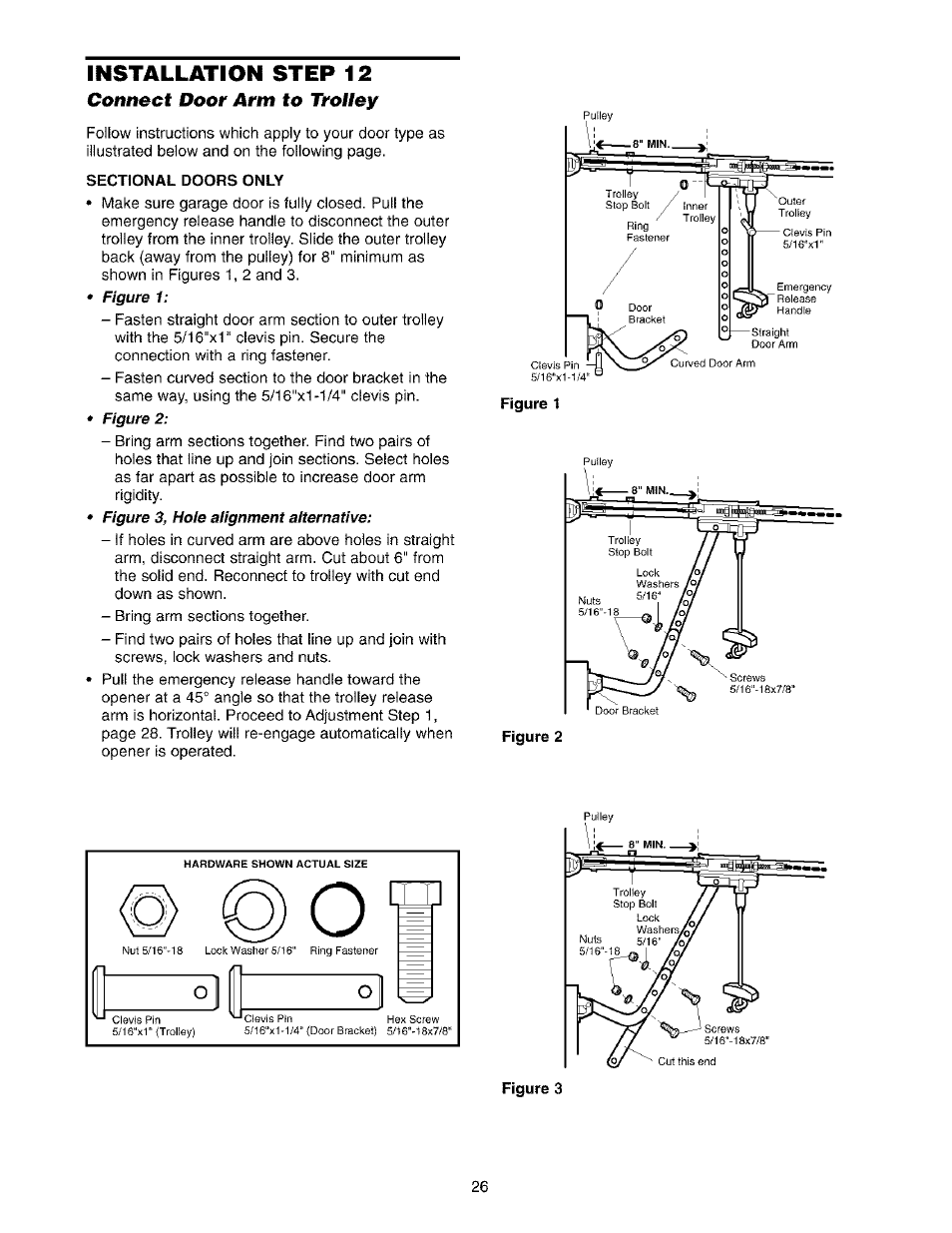 Connect door arm to tvo/fey, Sectional doors only, Connect the door arm to the trolley -27 | Installation step 12 | Sears 139.53975SRT1 User Manual | Page 26 / 76