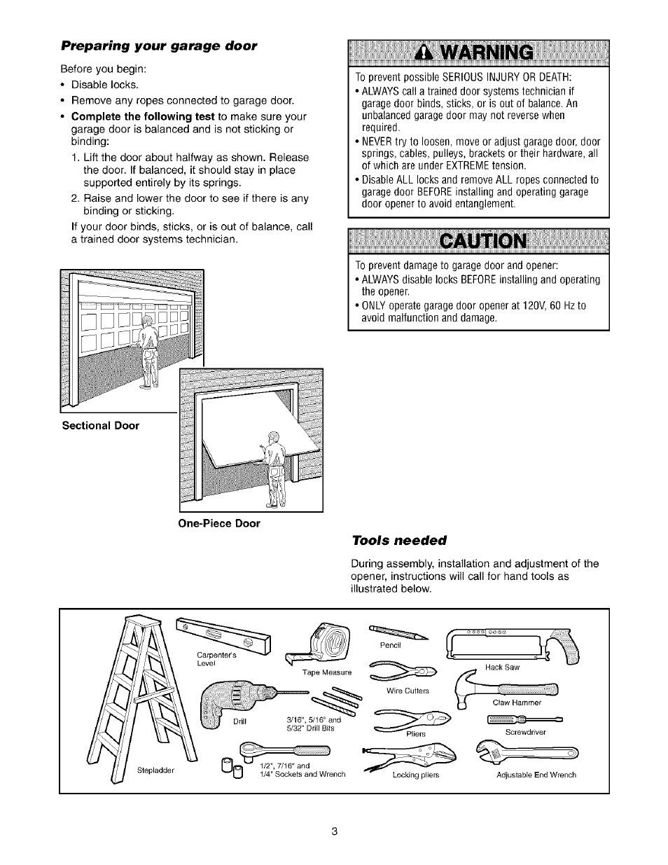 Preparing your garage door, A warning, Caution | Tools needed | Sears 139.53975SRT1 User Manual | Page 3 / 76