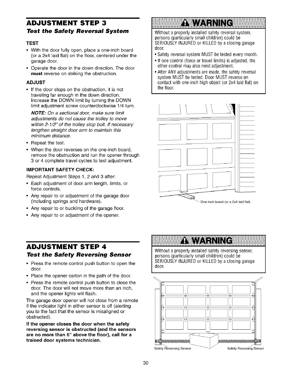 Adjustment step 3, Test the safety reversal system, Adjust | Important safety check, Adjustment step 4, Test the safety reversing sensor, A warning, Ik warning | Sears 139.53975SRT1 User Manual | Page 30 / 76