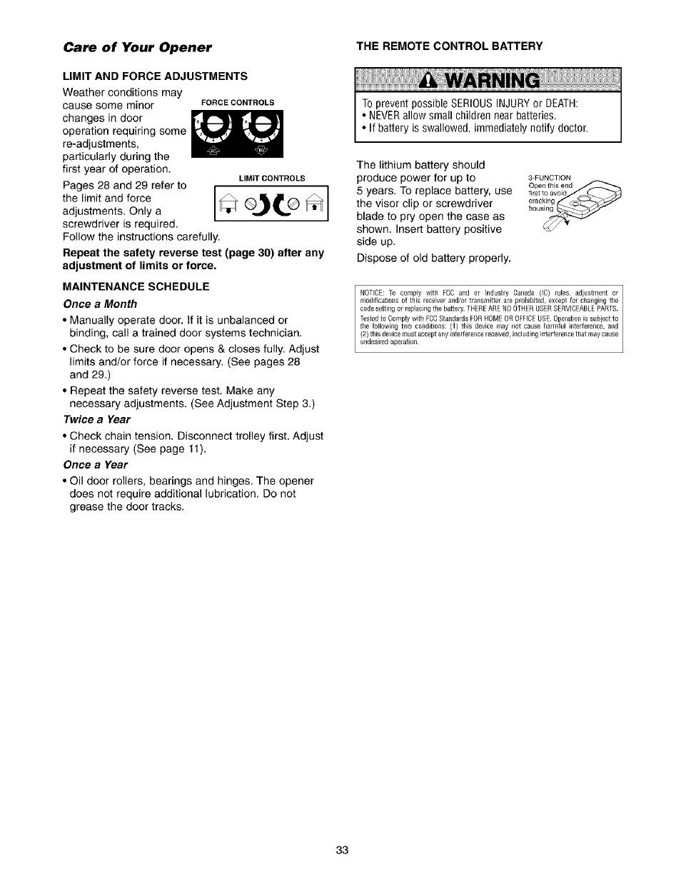 Care of your opener, The remote control battery, Limit and force adjustments | Warning | Sears 139.53975SRT1 User Manual | Page 33 / 76