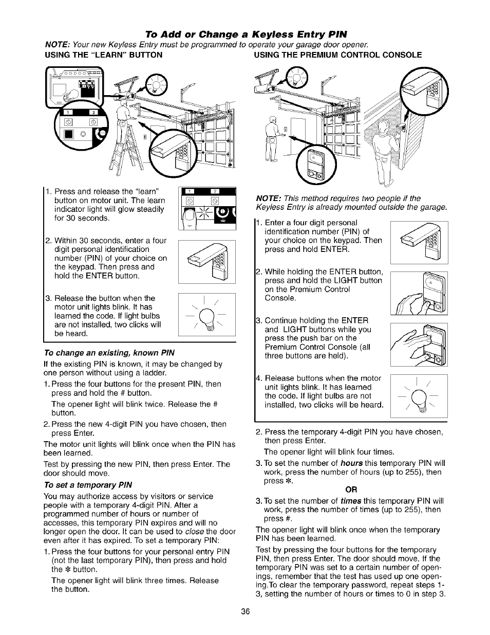 To add or change a keyless entry pin | Sears 139.53975SRT1 User Manual | Page 36 / 76