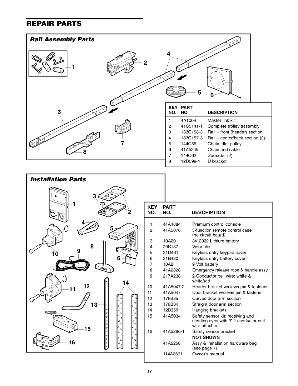 Repair parts, Rail assembly parts, Installation parts | Sears 139.53975SRT1 User Manual | Page 37 / 76