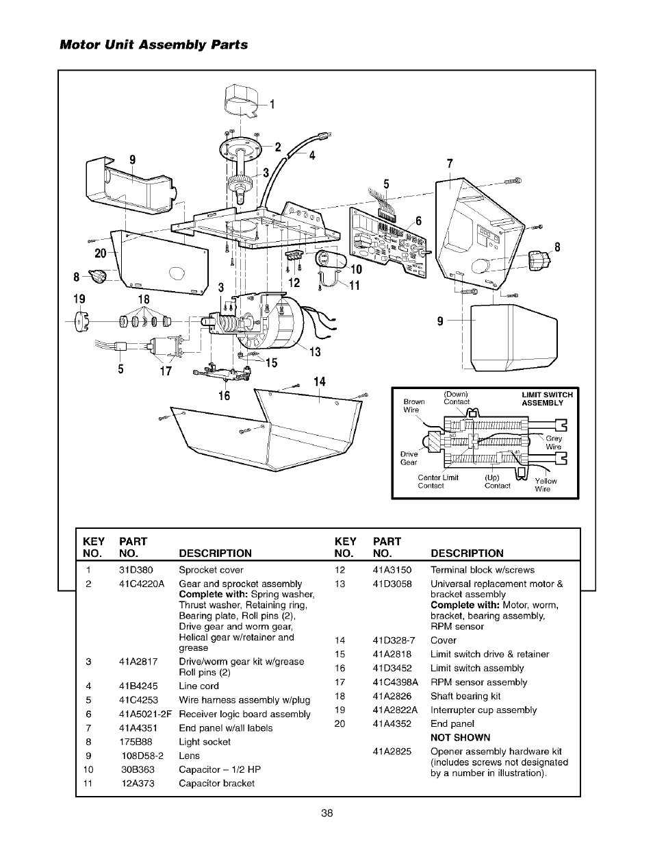 Motor unit assembly parts | Sears 139.53975SRT1 User Manual | Page 38 / 76