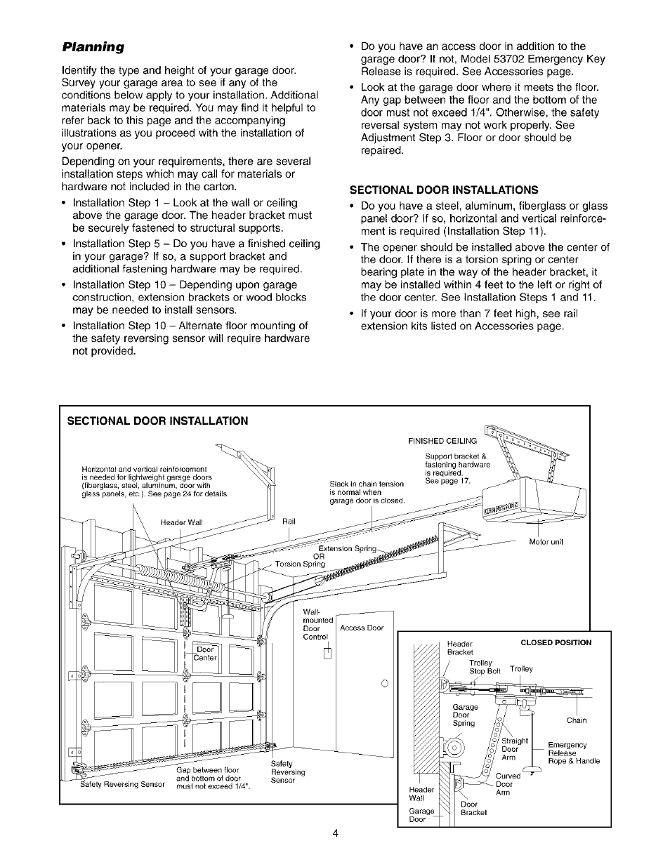 Planning, Sectional door installations, Planning -5 | Sears 139.53975SRT1 User Manual | Page 4 / 76