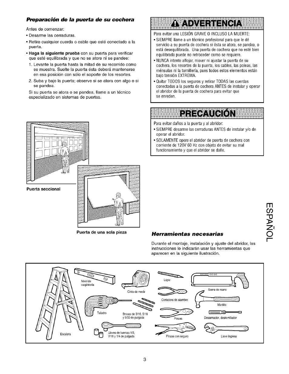 Preparación de la puerta ele su cochera, Precaucion, Herramientas necesarias | Preparación de la puerta de su cochera | Sears 139.53975SRT1 User Manual | Page 41 / 76