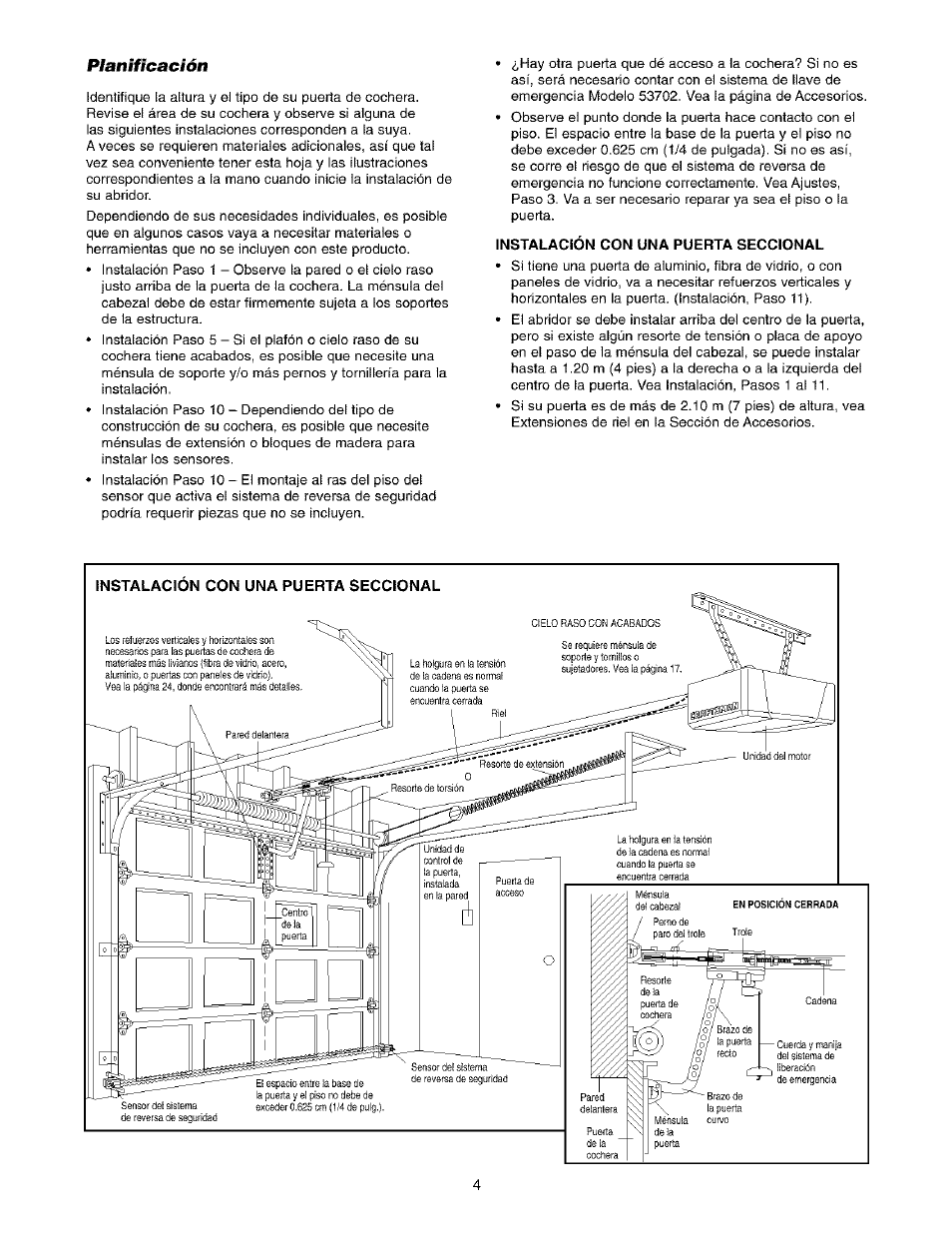 Planificación, Instalación con una puerta seccional, Planificación -5 | Sears 139.53975SRT1 User Manual | Page 42 / 76