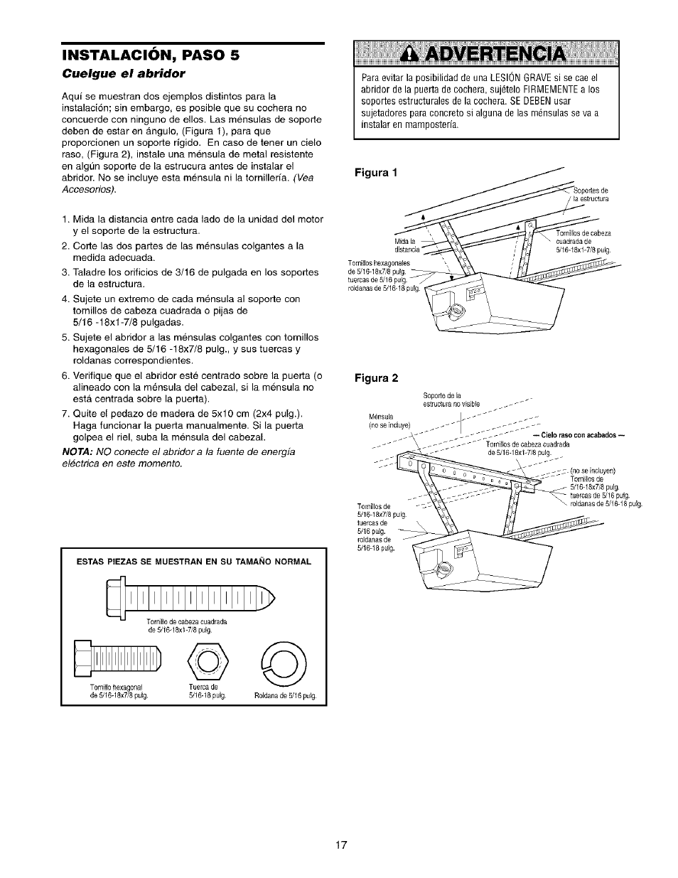 Cuelgue el abridor, Ák advertencia, Instalacion, paso 5 | Sears 139.53975SRT1 User Manual | Page 55 / 76