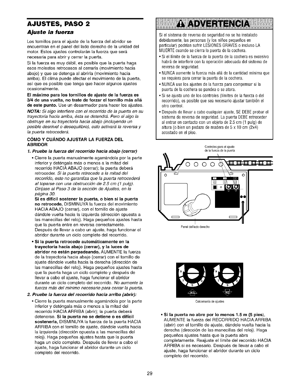 Ajustes, paso 2, Ajuste la fuerza, A advertencia | Sears 139.53975SRT1 User Manual | Page 67 / 76