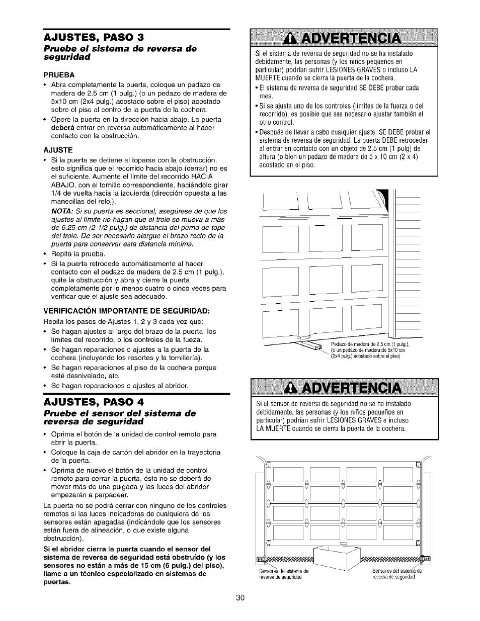 Ajustes, paso 3, Pruebe el sistema de reversa de seguridad, Prueba | Ajuste, Verificación importante de seguridad, Ajustes, paso 4, Ajustes, Pruebe el sensor del sistema de, Reversa de seguridad | Sears 139.53975SRT1 User Manual | Page 68 / 76