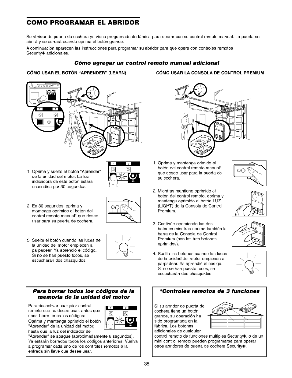 Como programar el abridor, Cómo agregar un control remoto manual adicional, Controles remotos de 3 funciones | Cómo programar el abridor, Controles remotos de tres funciones | Sears 139.53975SRT1 User Manual | Page 73 / 76