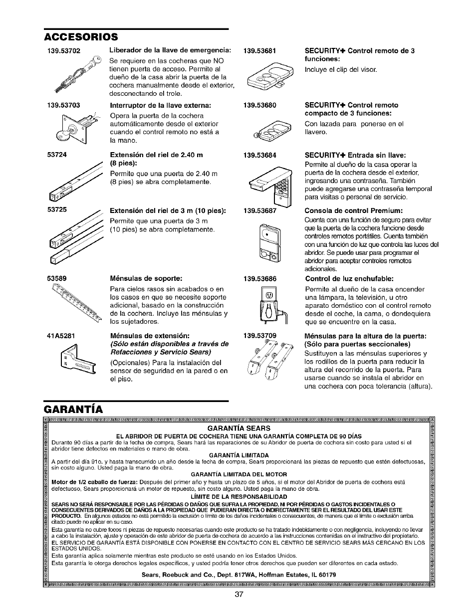 Accesorios, Garantía | Sears 139.53975SRT1 User Manual | Page 75 / 76