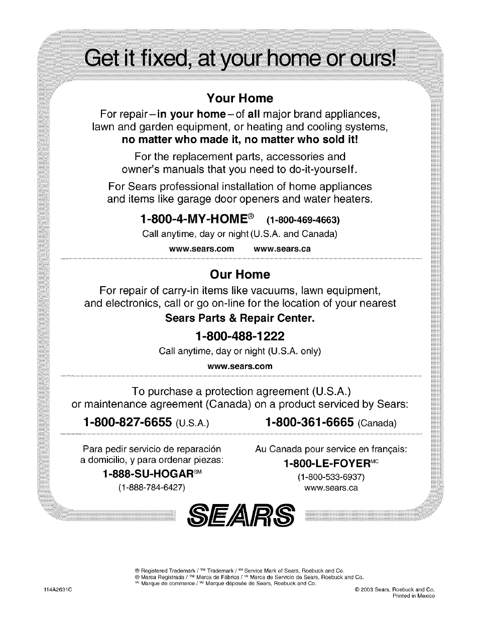 Your home, Our home | Sears 139.53975SRT1 User Manual | Page 76 / 76