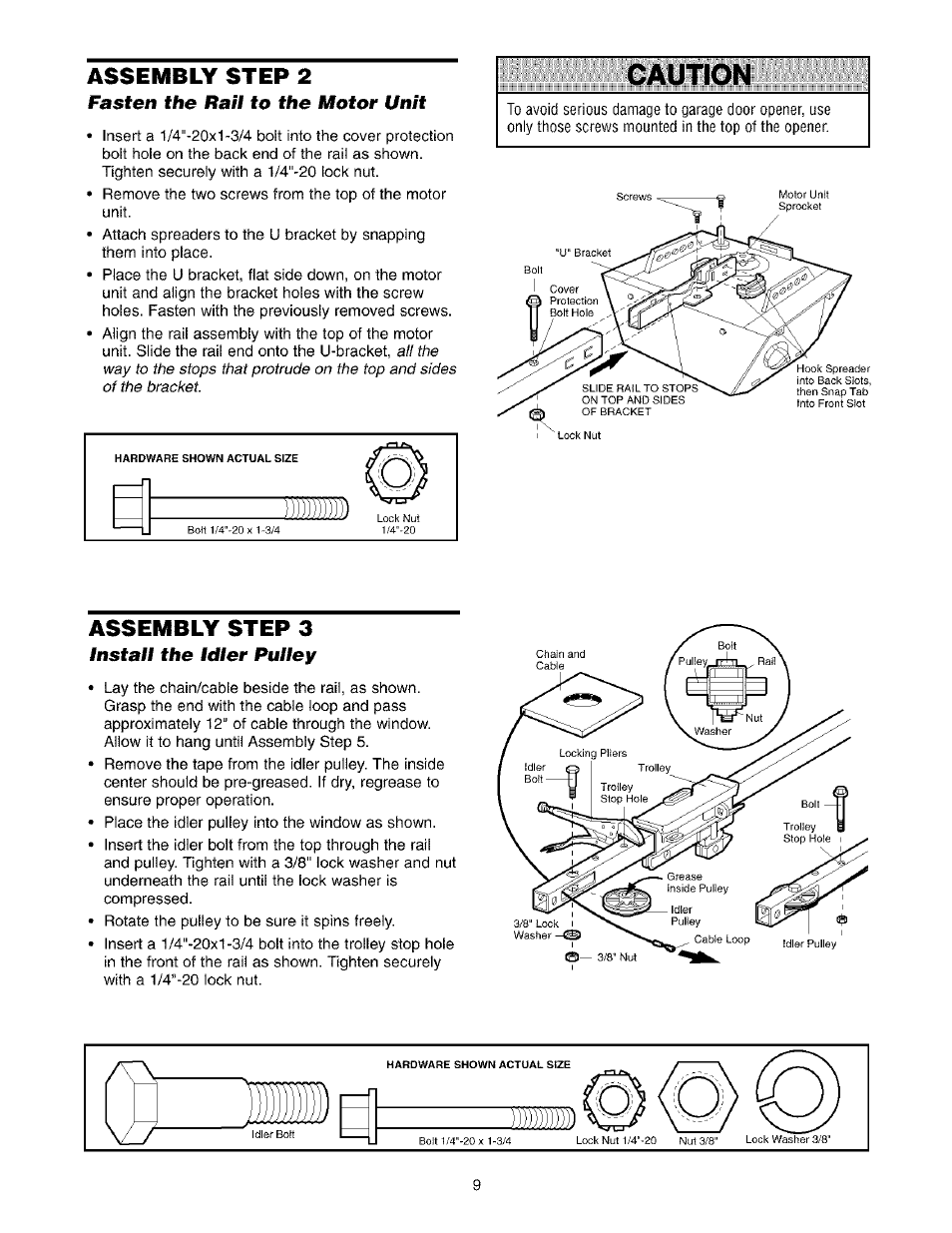 Fasten the rail to the motor unit, Assembly step 3, Install the idler pulley | Caution | Sears 139.53975SRT1 User Manual | Page 9 / 76