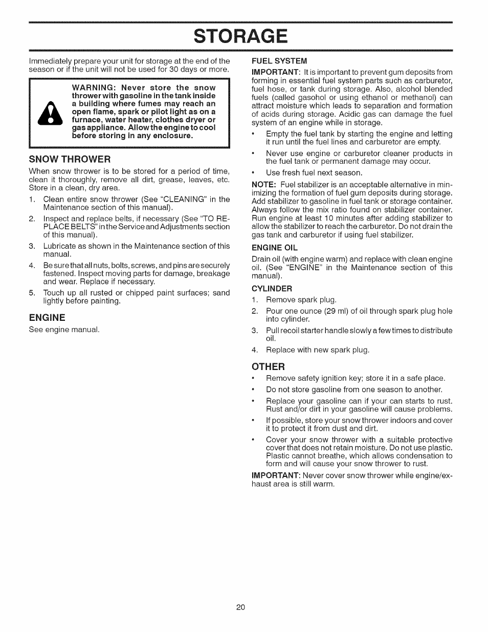 Storage, Fuel system, Engine oil | Cylinder | Sears 944.529571 User Manual | Page 20 / 48