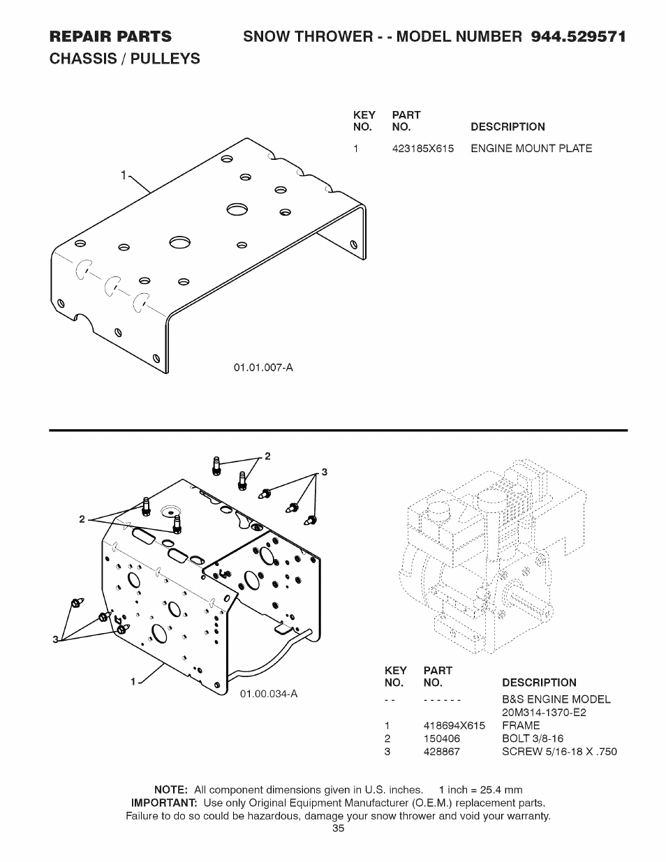 Part, Description, Key part no. no | Sears 944.529571 User Manual | Page 35 / 48