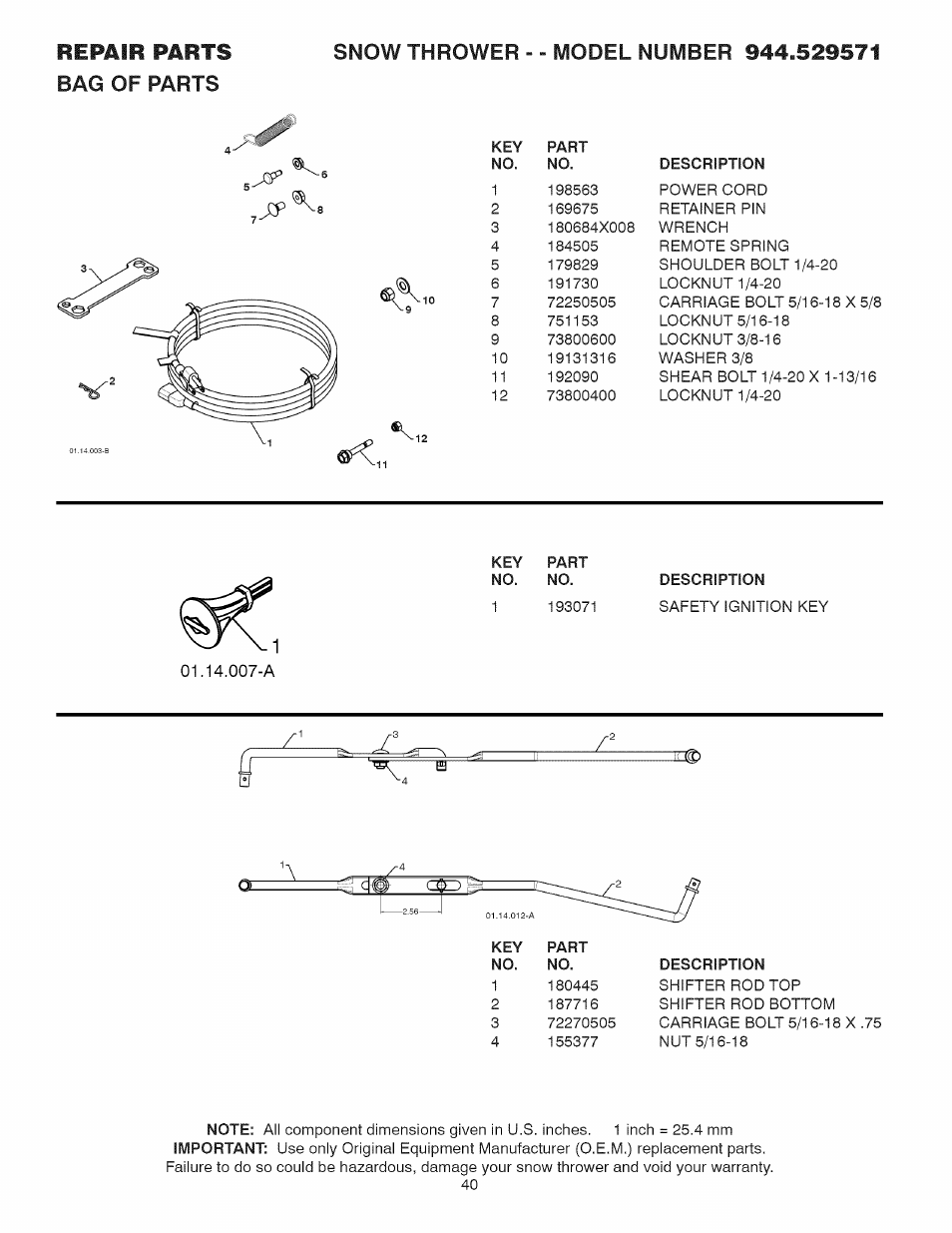 Key part no. no, Description | Sears 944.529571 User Manual | Page 40 / 48