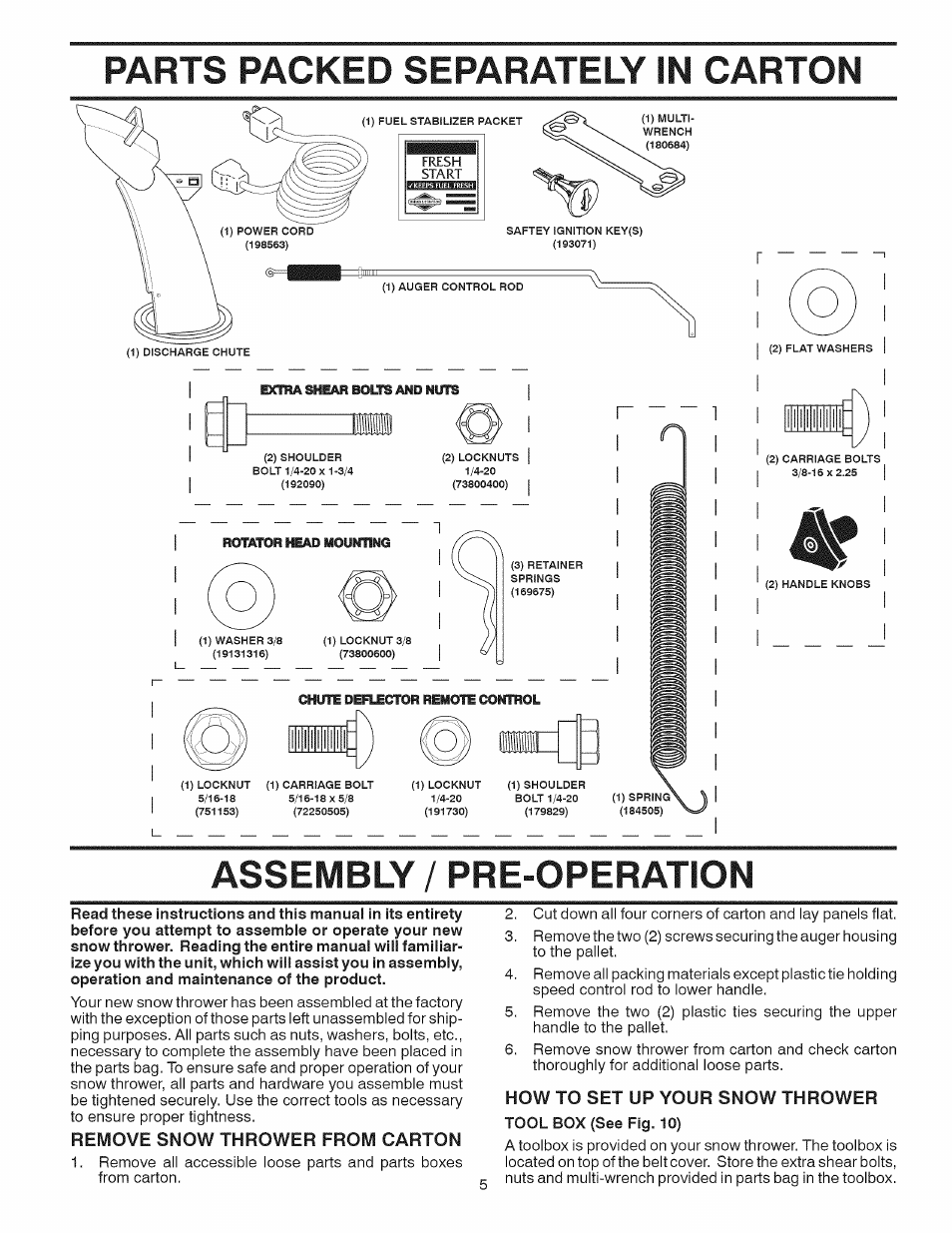 Parts packed separately in carton, Assembly / pre-operation, Assembly / pre-operation -8 | Sears 944.529571 User Manual | Page 5 / 48