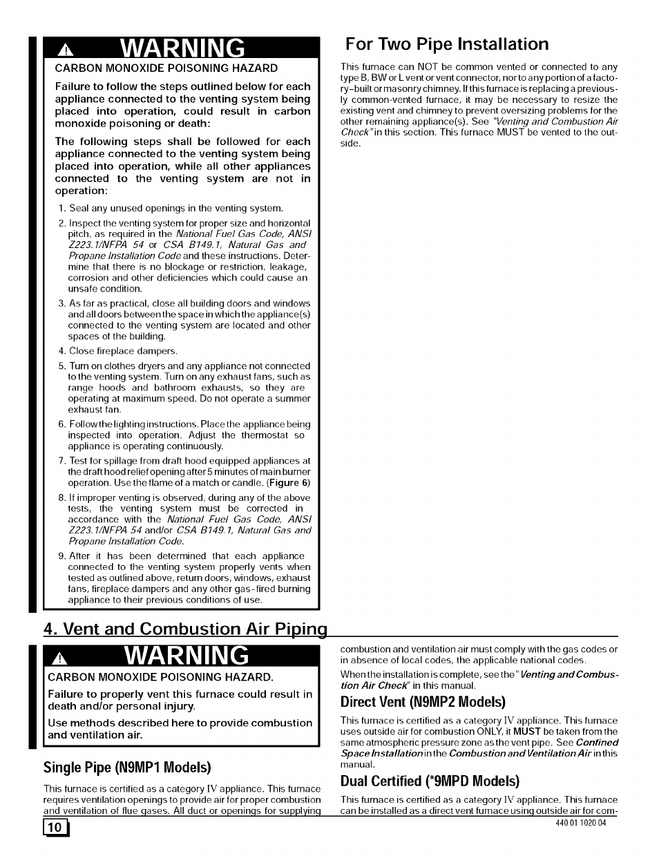 For two pipe installation, Vent and combustion air piping, Single pipe (n9mp1 models) | Direct vent (n9mp2 models), Dual certified f9mpd models), Vent & combustion air piping, Warning | Sears 9MPD125L20B1 User Manual | Page 10 / 63