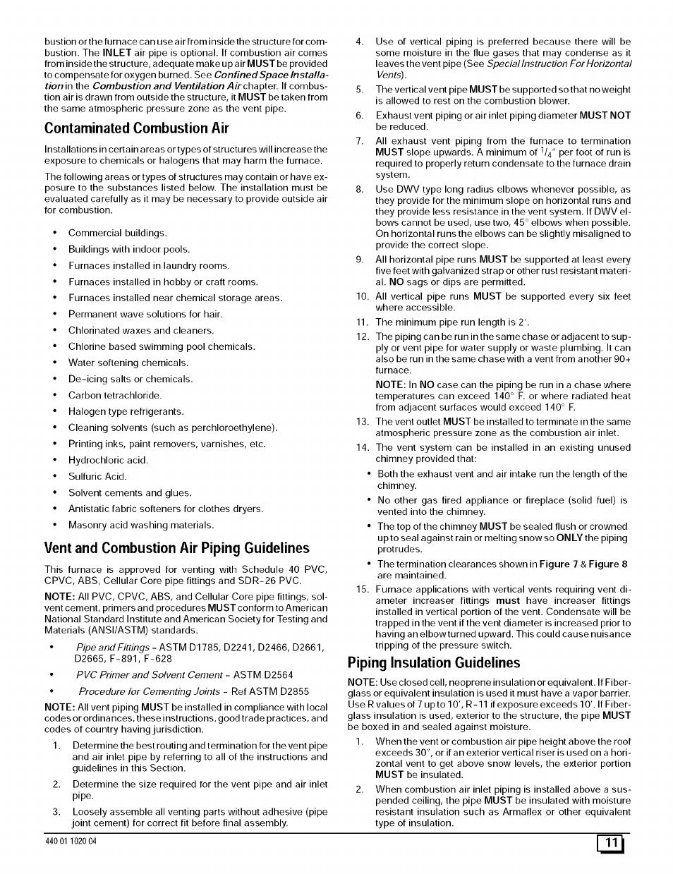 Contaminated combustion air, Vent and combustion air piping guidelines, Piping insulation guidelines | Sears 9MPD125L20B1 User Manual | Page 11 / 63