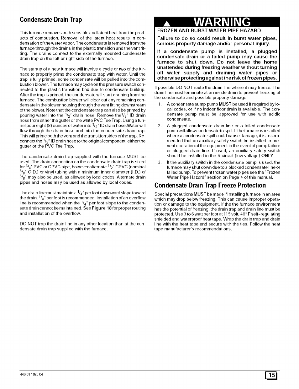 Condensate drain trap freeze protection, Warning, Condensate drain trap | Sears 9MPD125L20B1 User Manual | Page 15 / 63