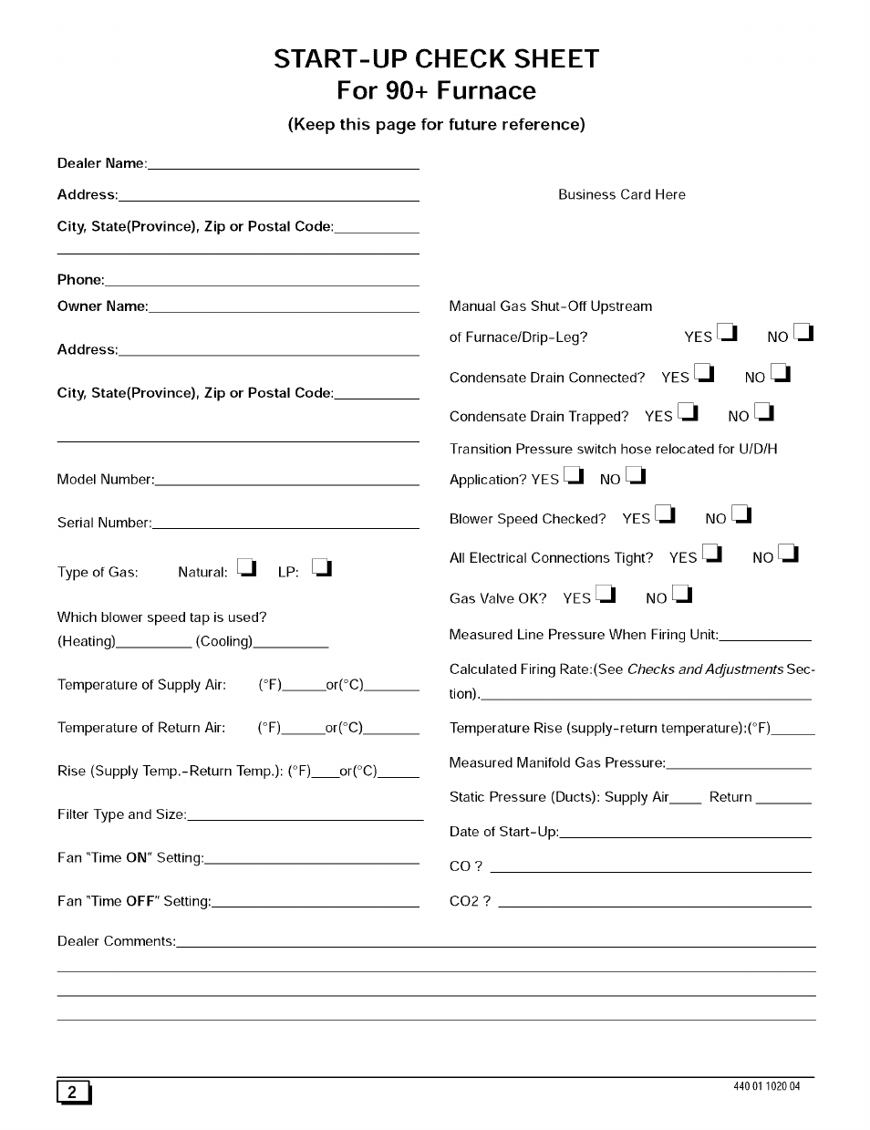 Start-up check sheet for 90+ furnace | Sears 9MPD125L20B1 User Manual | Page 2 / 63