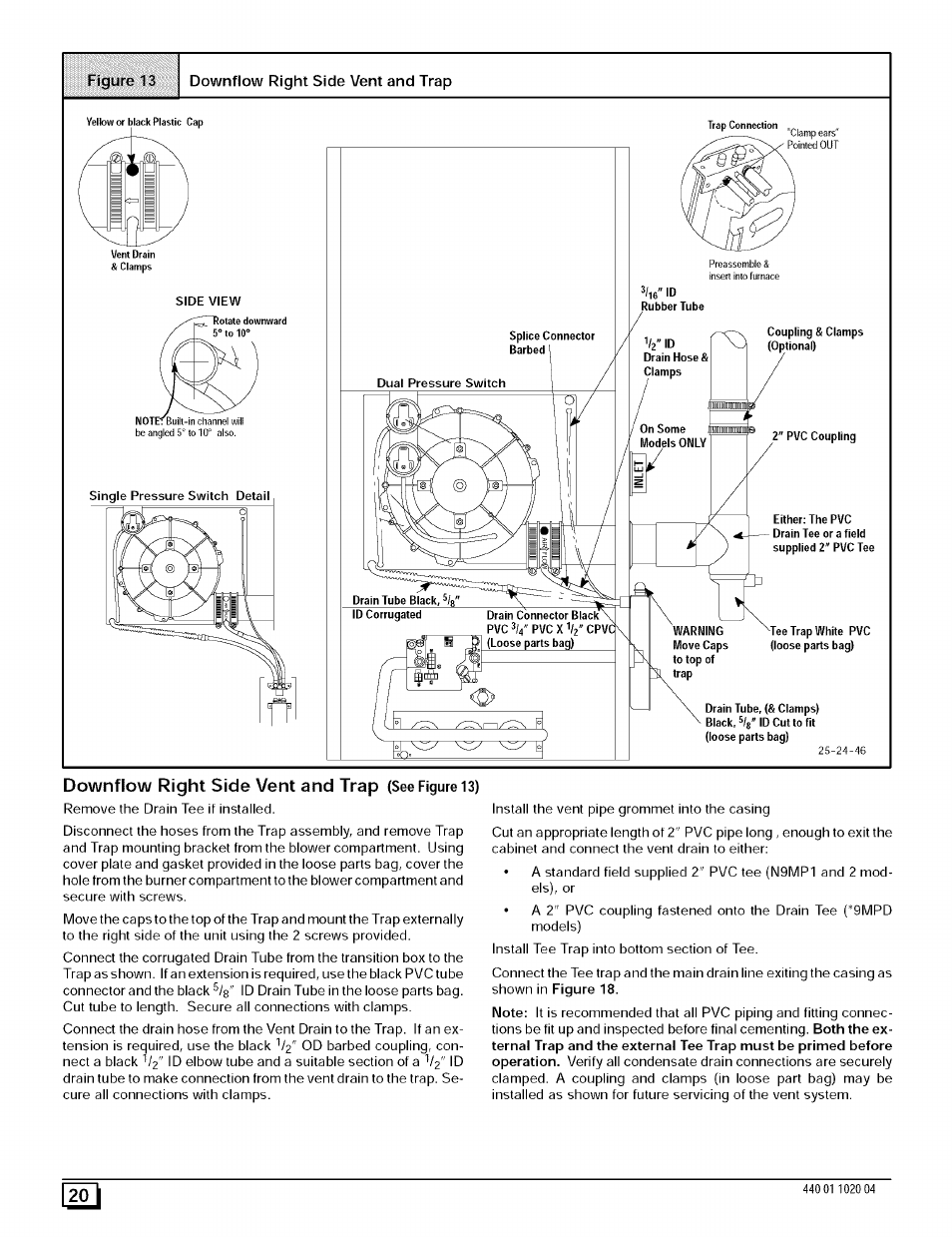 Figuro 13, Downflow right side vent and trap | Sears 9MPD125L20B1 User Manual | Page 20 / 63