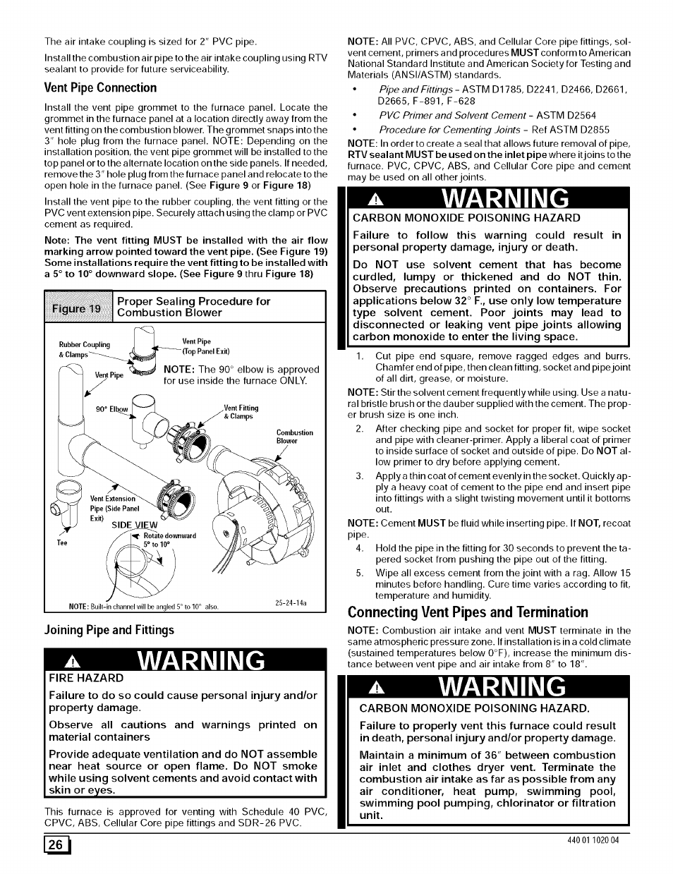 Connecting vent pipes and termination, Warning | Sears 9MPD125L20B1 User Manual | Page 26 / 63